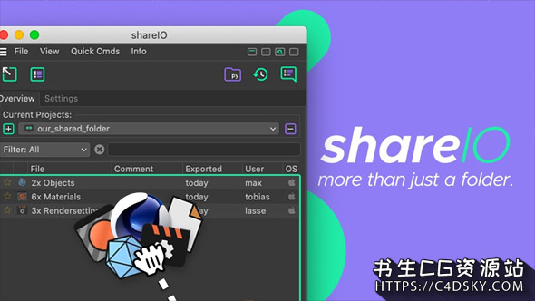 C4D插件-即时共享Cinema 4D对象/材质/渲染设置/文档和项目资产插件AEScripts ShareIO v1.10 R23+视频教程
