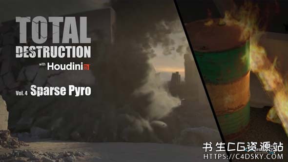 Houdini烟雾灰尘火焰燃烧特效教程Total Destruction: vol.4 Sparse Pyro