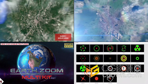 制作飞行卫星地球俯冲地图变焦地点街道世界地图定位工具特效动画v5.2.1-AE模板