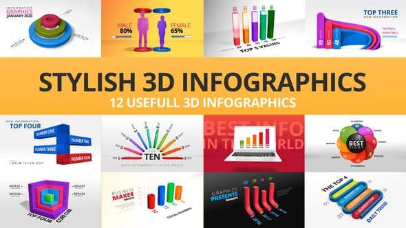 AE模板-12组时尚3D立体柱状图信息图表公司数字报告分析展示模板Stylish 3D Infographics