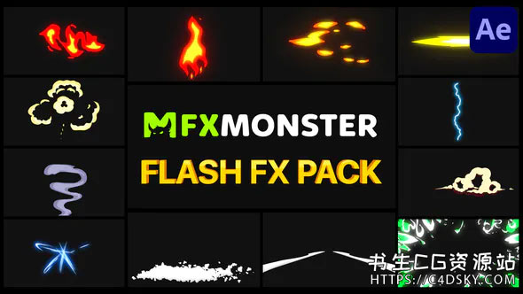 AE模板-卡通能量火焰燃烧枪口闪光特效元素包Flash FX Pack 07