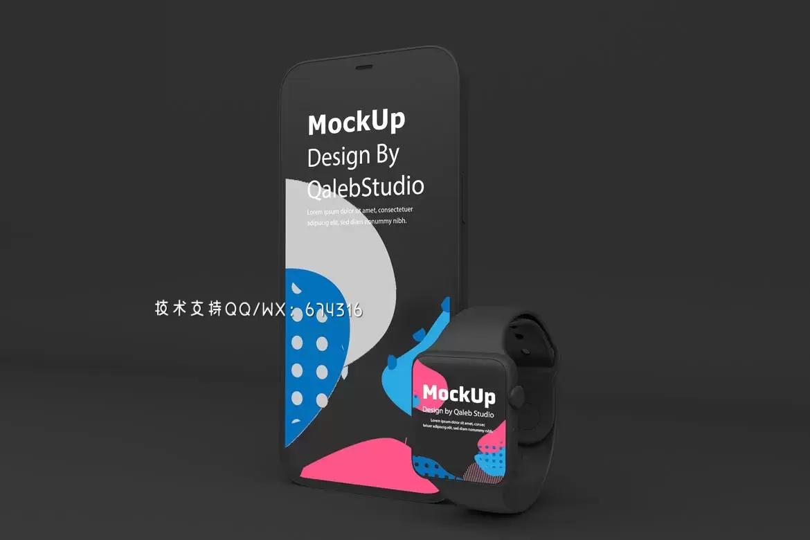 深色iPhone 12和Apple Watch APP UI样机展示模型mockups免费下载插图2