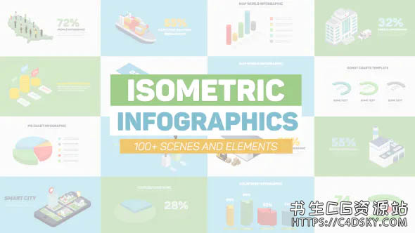 AE模板-100多个扁平化等距图表企业宣传数据图形视频解说场景MG动画Isometric Infographics
