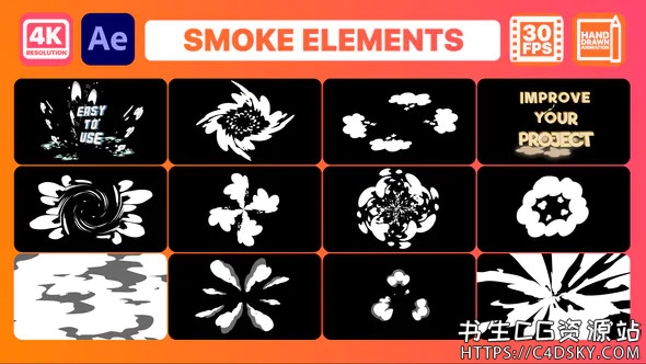 AE模板-卡通手绘风格烟雾爆炸flash特效元素转场过渡Smoke Elements And Titles | After Effects