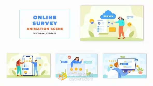 AE模板-平面矢量在线调查反馈动画场景客户活动反馈