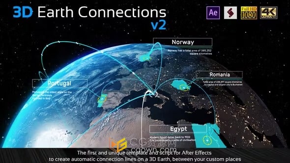 AE模板-三维地球缩放动画地图卫星定位地点连线3D Earth Connections V2