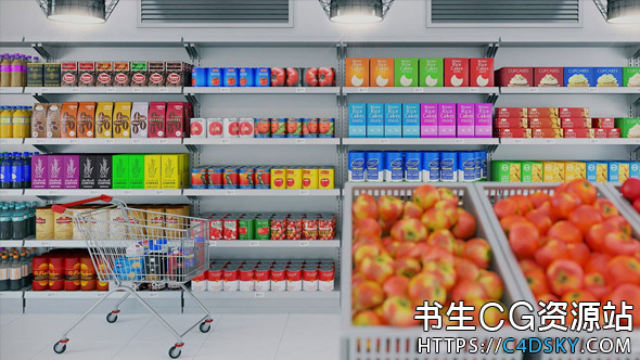 C4D模型-水果蔬菜推车牛奶饮料超市相关三维模型CGAXIS – Supermarket Collection for Cinema 4D