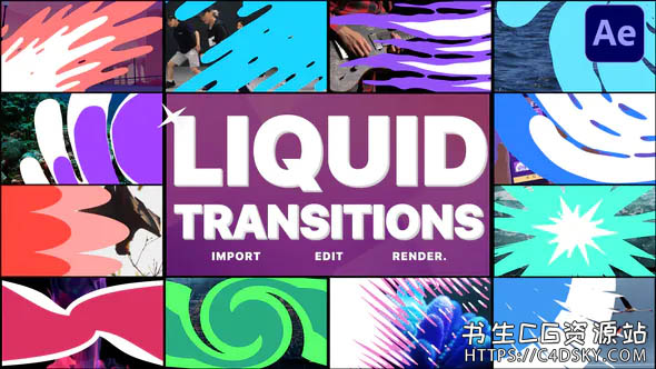 AE模板-12款鲜活流畅的2D卡通手绘流体转场特效元素模板Liquid Transitions Pack 11