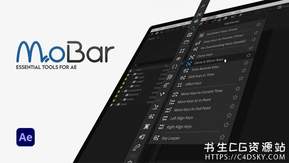AE脚本合集-225个提高效率快捷命令工具箱脚本MoBar v2.1，集选择,图层，合成，摄像机，项目，关键帧，表达式，形状，视图等实用功能