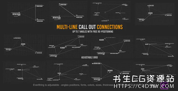 PR模板-23种多线路呼叫指示线文字标题介绍动画Mogrt预设 Multi Line Call Outs