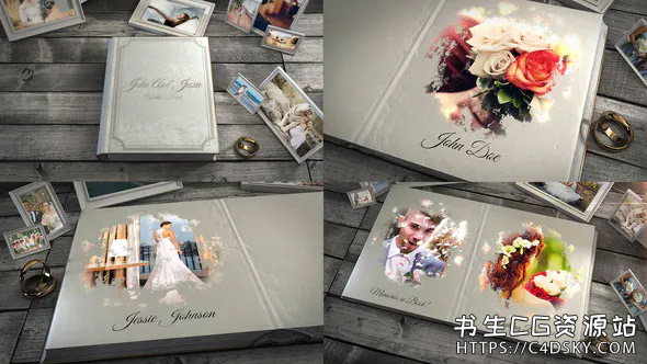 PR模板-复古浪漫三维书籍主题婚礼爱情内容幻灯片展示效果模板Wedding Book Slideshow