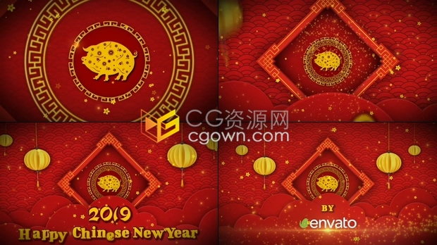 喜庆红色剪纸风格粒子灯笼LOGO拜年视频中国新年片头动画制作-AE模板免费下载