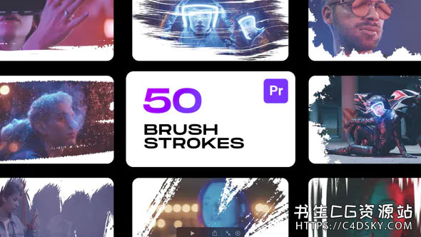 PR脚本-50组画笔笔刷快速涂抹切换展示片头动画Mogrt模板Brushstrokes for Premiere Pro