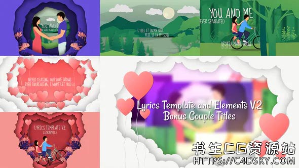 AE模板-2D剪纸风格浪漫婚礼片头歌词模板Lyrics Template and Elements V.2