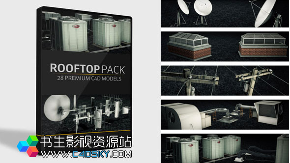 C4D模型预设-30组三维楼顶建筑屋顶场景模型The Pixel Lab Rooftop Pack For C4D