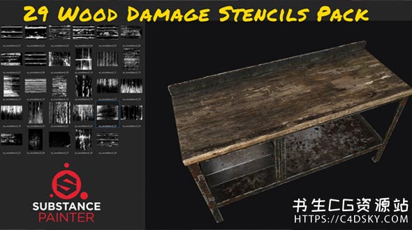 29组Substance Painter破旧木材损坏纹理素材包29 Wood Damage Stencils Pack