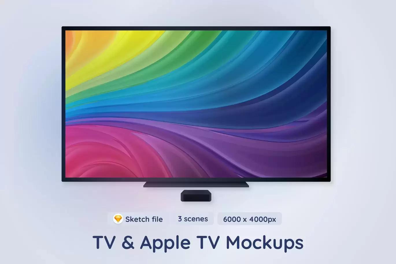 3个不同的场景电视和Apple TV UI样机展示模型mockups免费下载插图