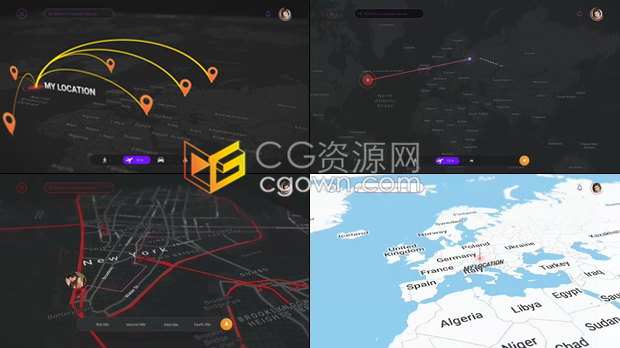 三维链线城市地标位置信息坐标路线信息图形世界旅行介绍多种地图风格-AE模板下载