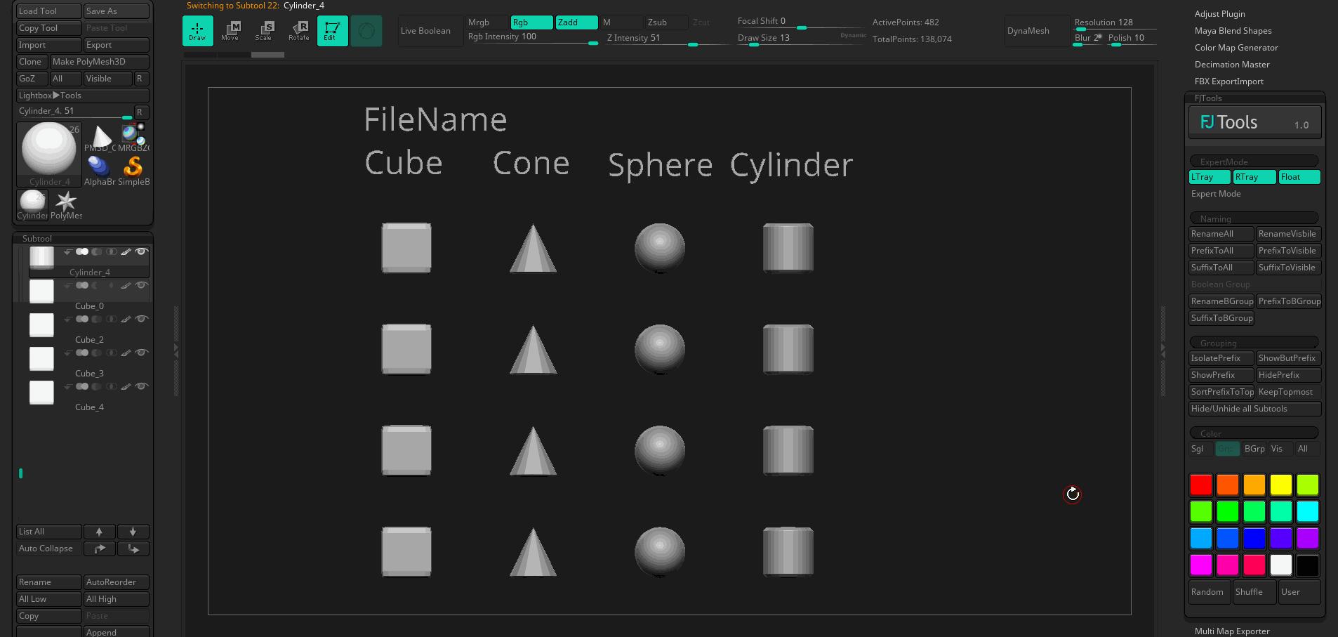 Zbrush插件-随机颜色重命名专家模式群组脚本FJTools For ZBrush 4R8 免费下载