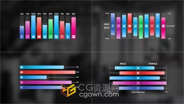 4种设计带社交媒体图标信息图表条形动画效果-AE模板