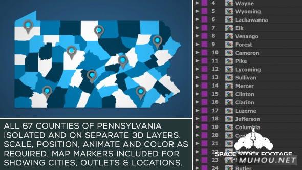 宾夕法尼亚州地图套件视频AE模板插图